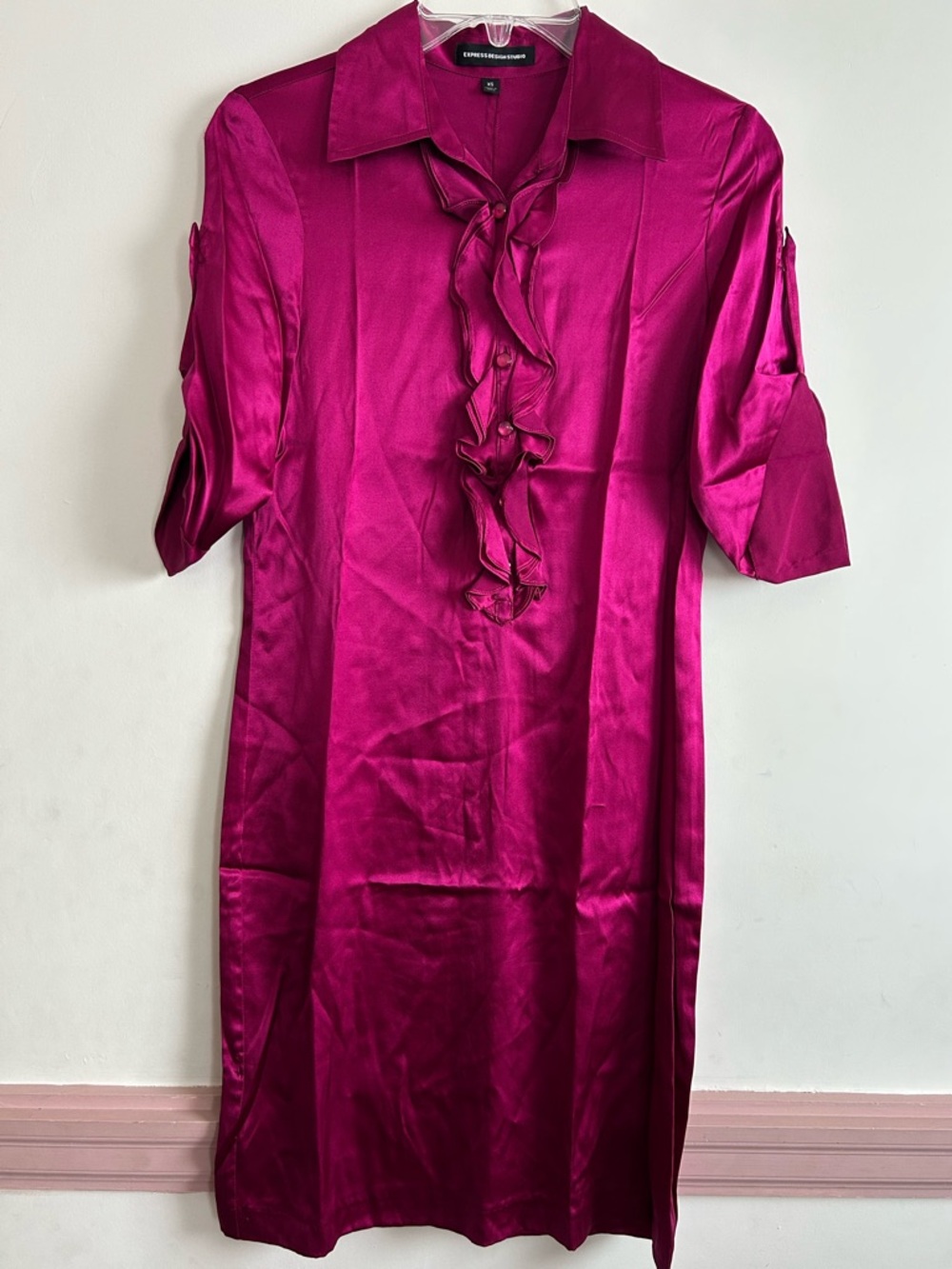 Express Magenta Silk Ruffle-Front Shift Dress